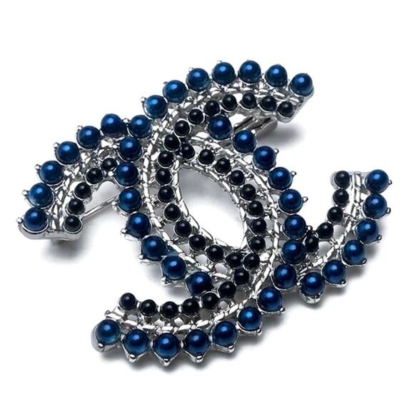 CHANEL Timeless Pearl Beaded Black Silver Royal Blue Brooch - Picture 1 of 5